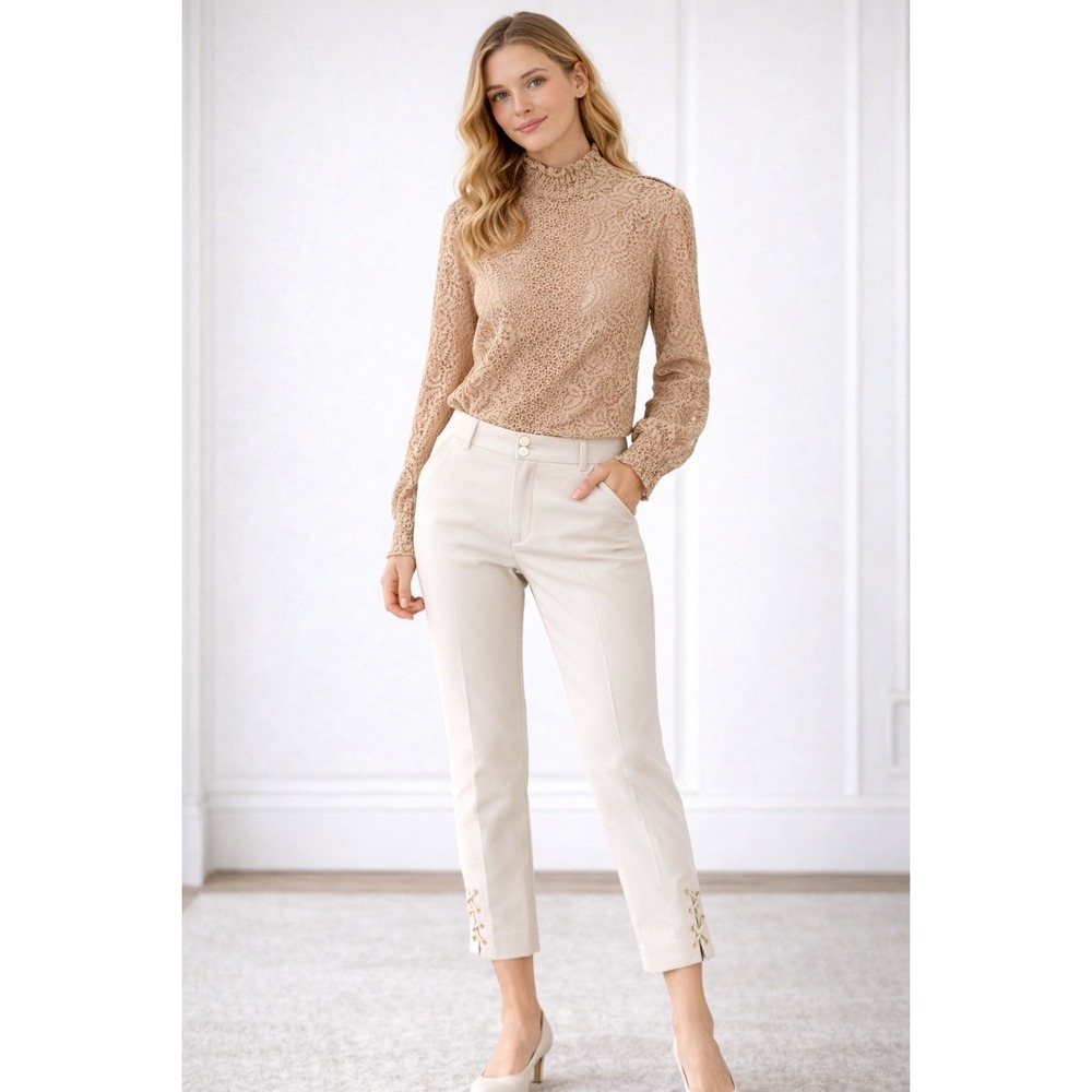 Cache Y2K Beige Lace Up Ankle Trousers Gold Eyelet Detail Dress Pants Tan‎ sz 6